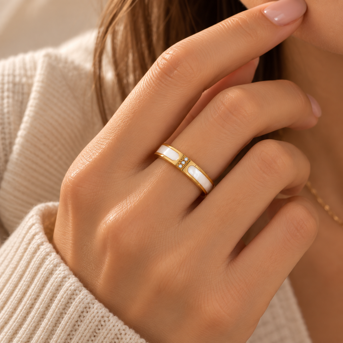 Aurelia Celeste Pearl Inlay Gold Waterproof Ring