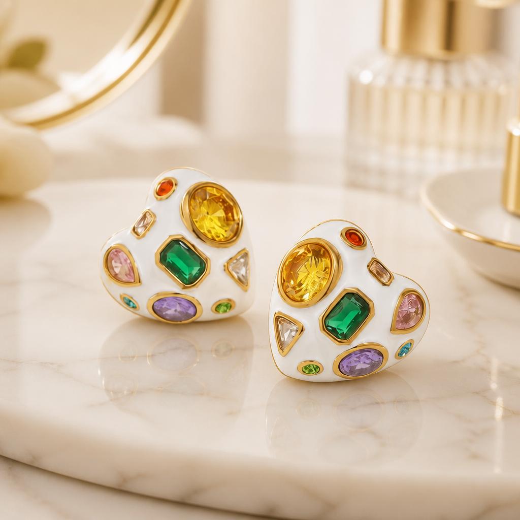 Aurora Mosaic 18K Gold Multicolour Heart Earrings