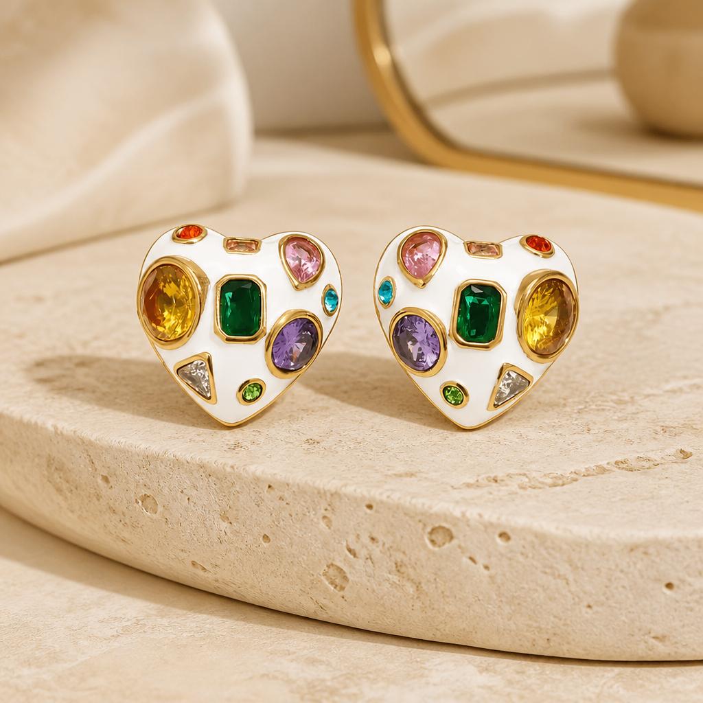 Aurora Mosaic 18K Gold Multicolour Heart Earrings