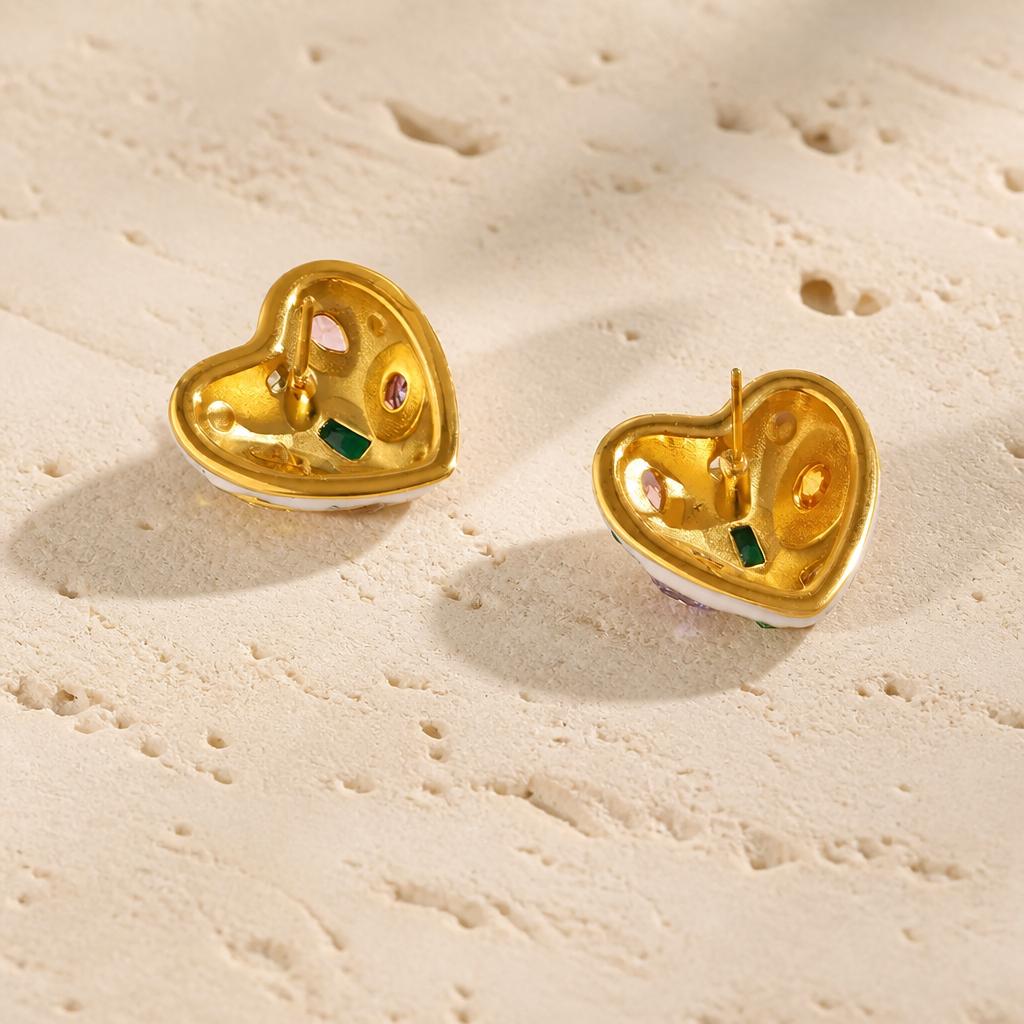 Aurora Mosaic 18K Gold Multicolour Heart Earrings