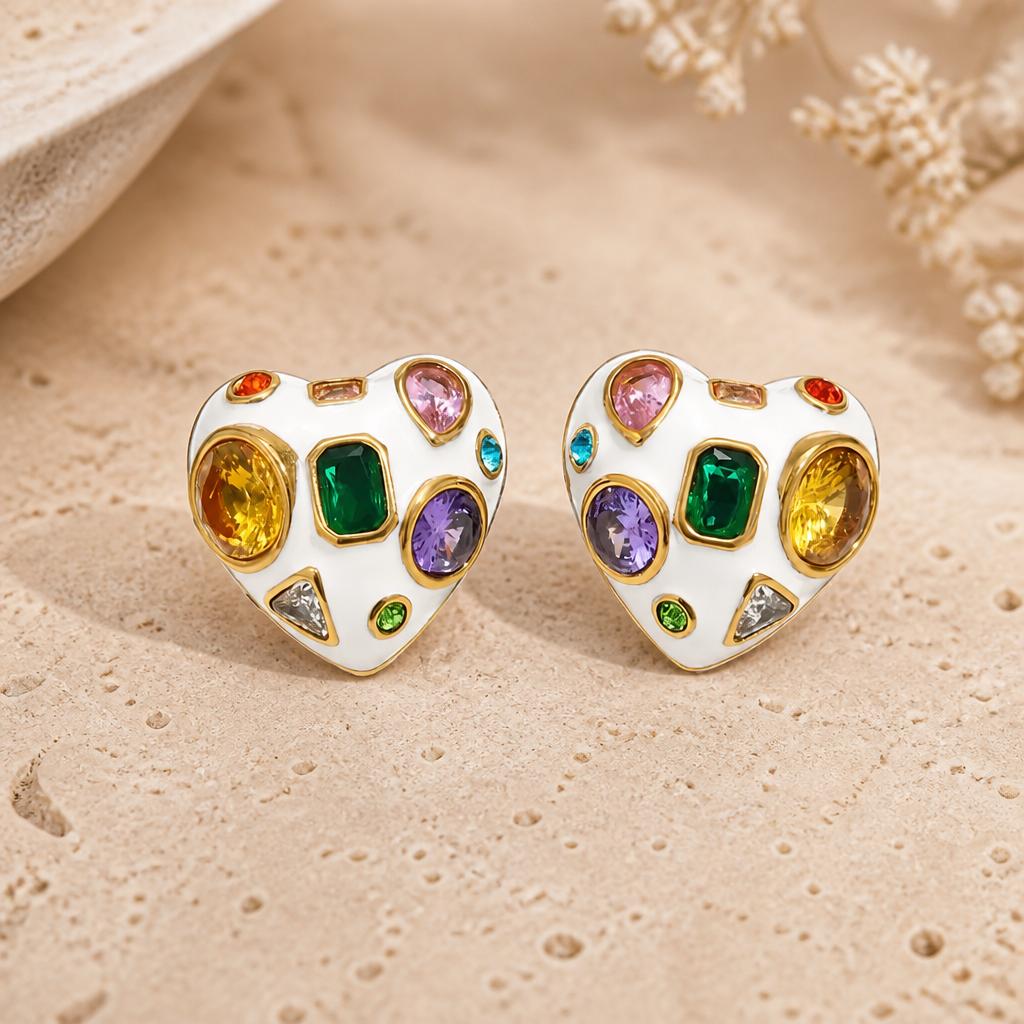 Aurora Mosaic 18K Gold Multicolour Heart Earrings