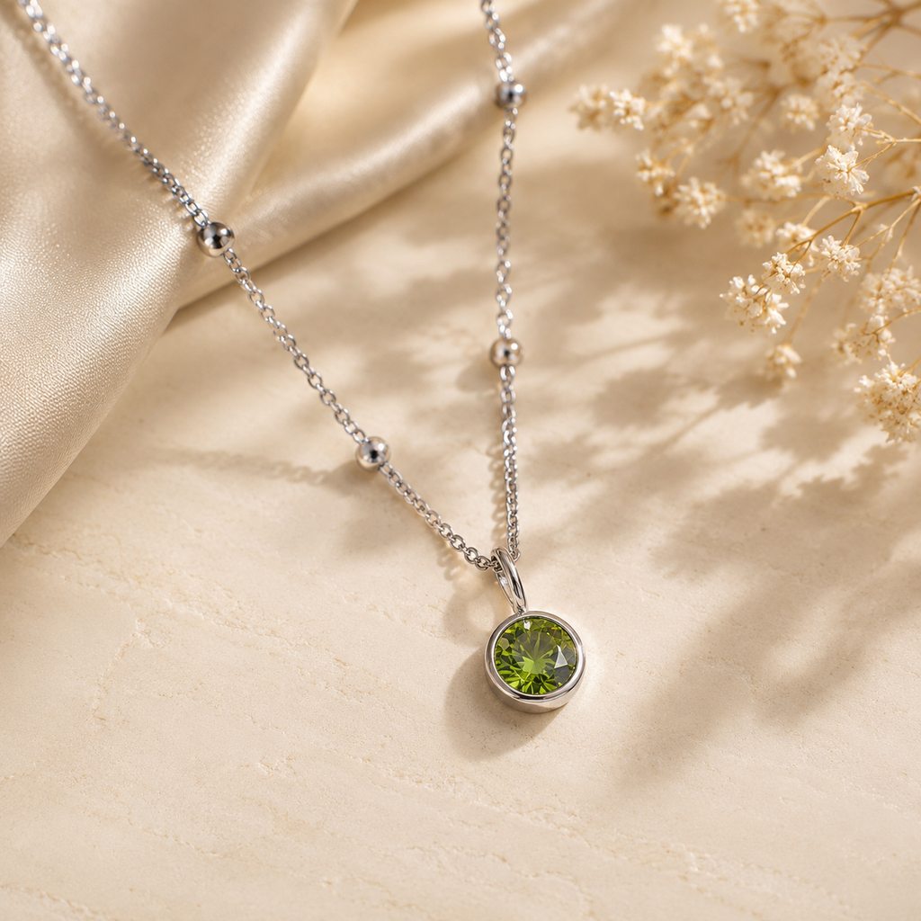 Birthstone August Light Green-Silver Pendant Necklace