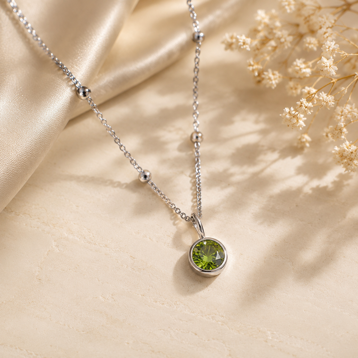 Birthstone August Light Green-Silver Pendant Necklace