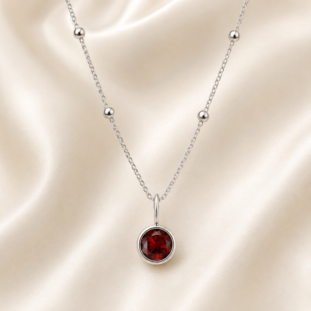 Birthstone January Red Stone Silver Pendant Necklace
