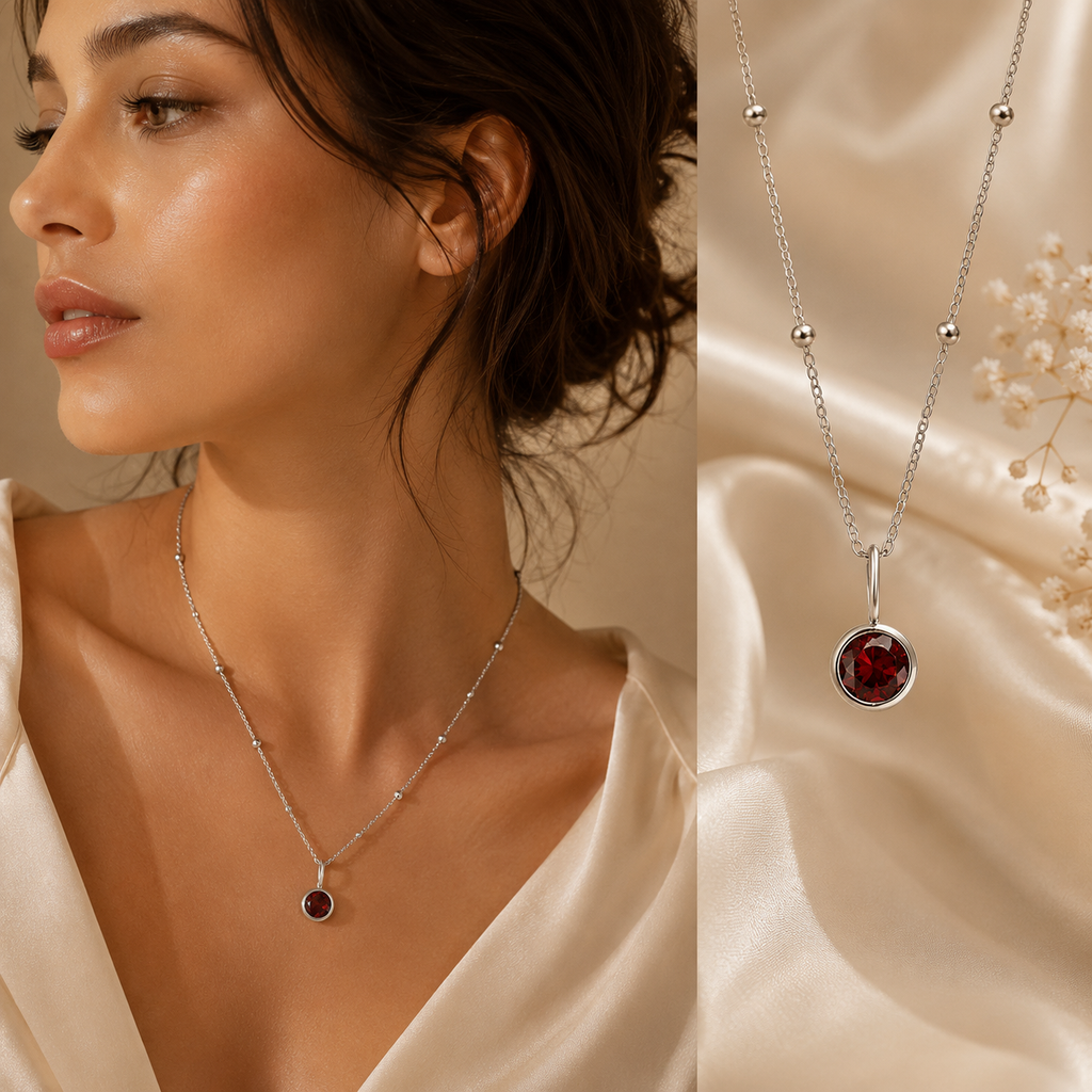 Birthstone January Red Stone Silver Pendant Necklace