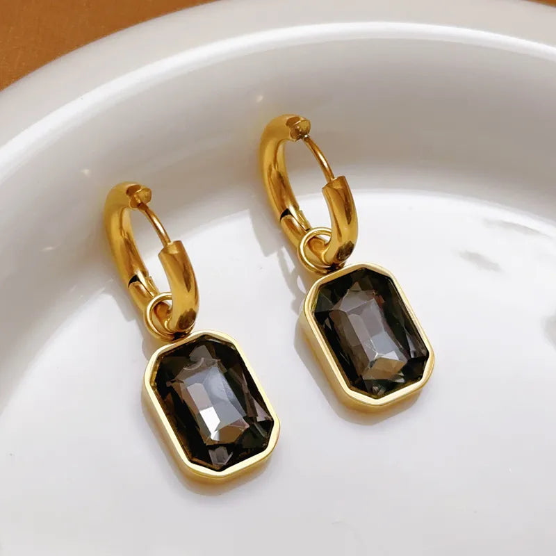 Black Square Rhinestone Waterproof Earrings – Elegant Gold Statement Earrings