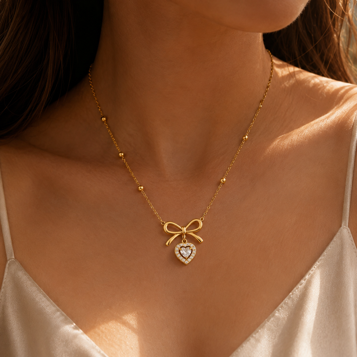 Celeste Crystal Bow Heart Necklace | Gold Jewellery Australia