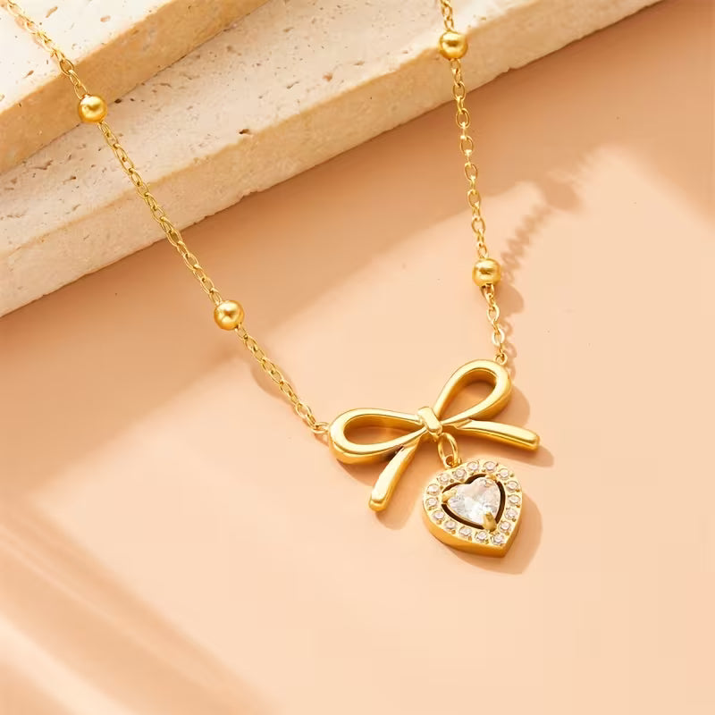 Celeste Crystal Bow Heart Necklace | Gold Jewellery Australia