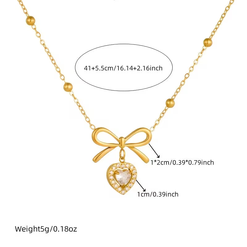 Celeste Crystal Bow Heart Necklace | Gold Jewellery Australia