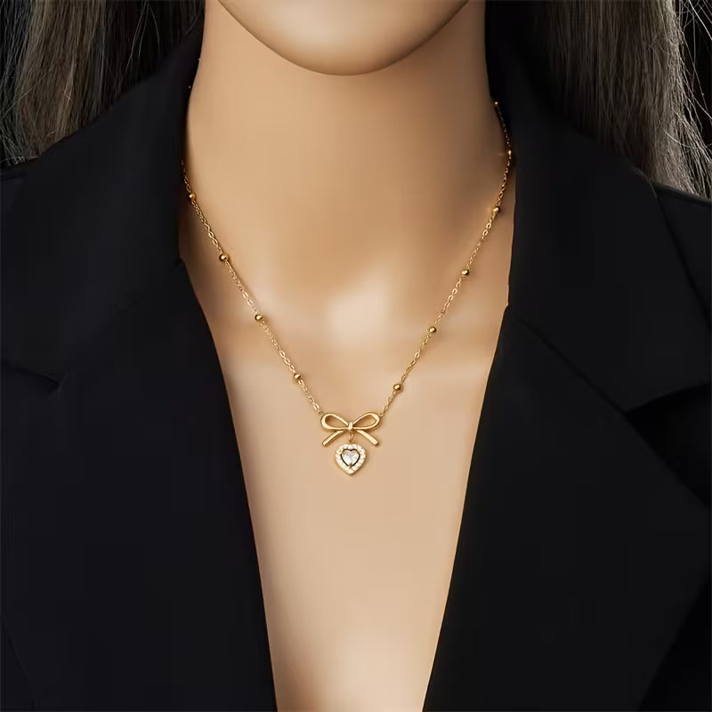 Celeste Crystal Bow Heart Necklace | Gold Jewellery Australia