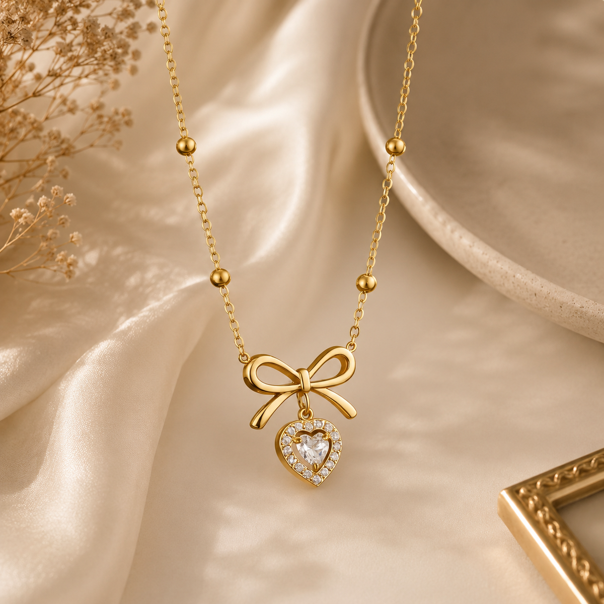 Celeste Crystal Bow Heart Necklace | Gold Jewellery Australia