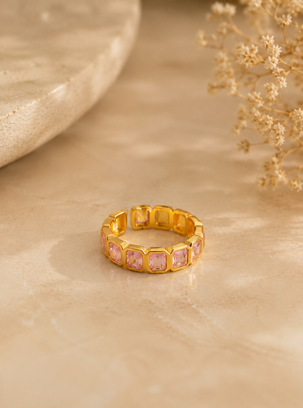 Luxe Pink-Cut Crystal Open Ring – Gold Plated