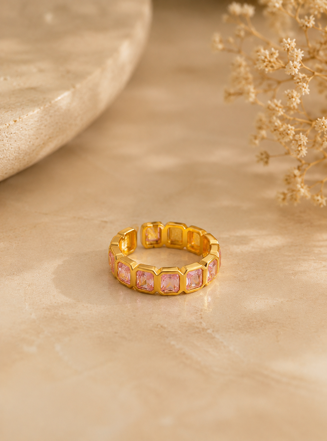 Luxe Pink-Cut Crystal Open Ring – Gold Plated