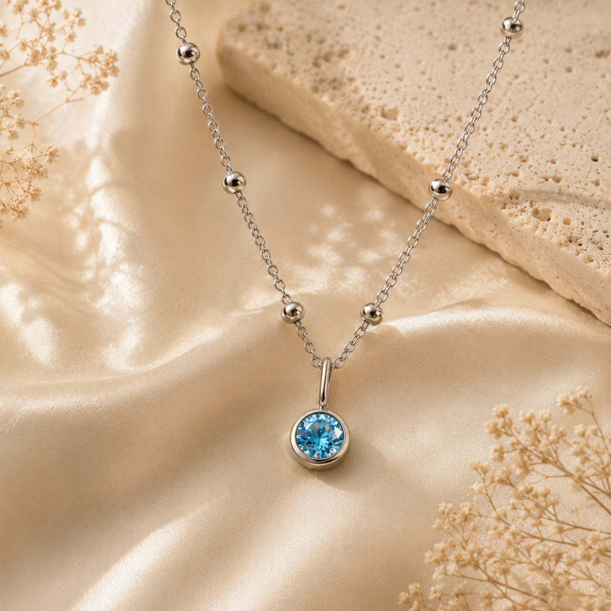 Birthstone December Lake Green-Blue Silver Pendant Necklace