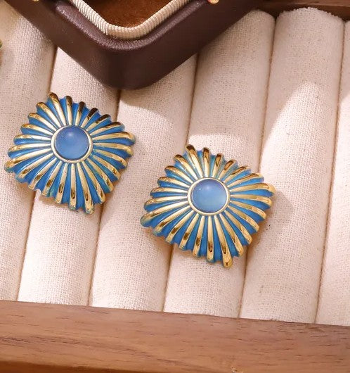 Square blue-And-Gem-Inlay Dainty Earrings