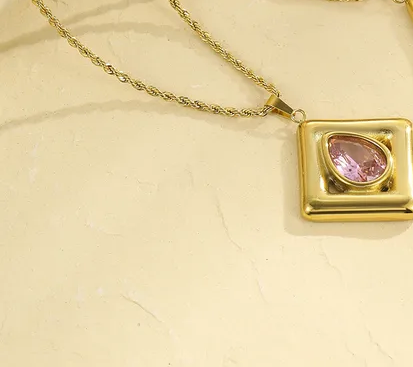 Geometric Pink Crystal Gold Pendant Necklace