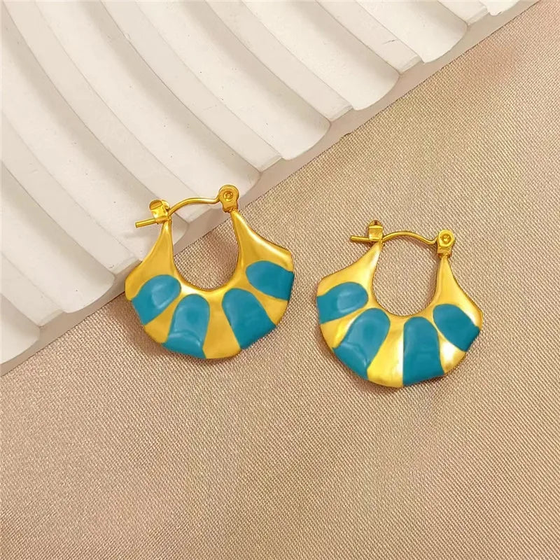Turquoise Enamel Fan Hoop Earrings