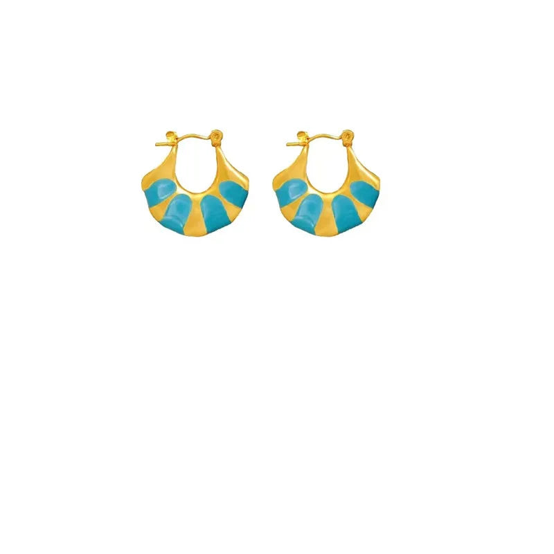 Turquoise Enamel Fan Hoop Earrings
