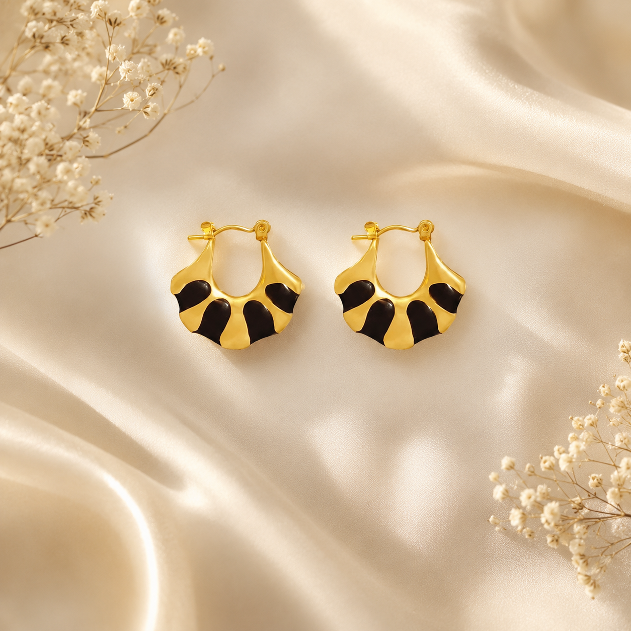 Black Enamel Fan Hoop Earrings