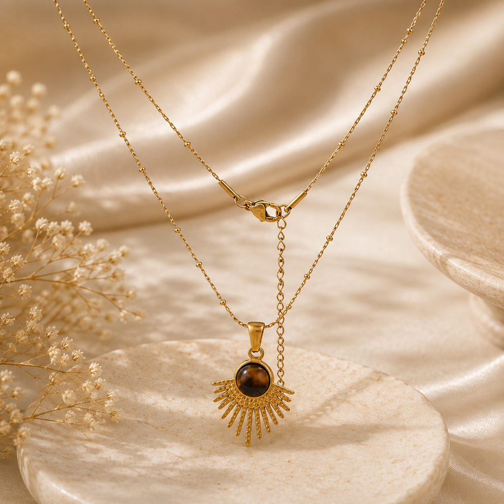 Geometric Tiger Eye Pendant Necklace |Waterproof Necklace | Aurelia Co.