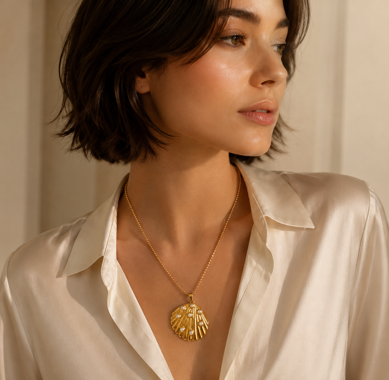 Gold Shell Pearl Inlay Pendant Necklace
