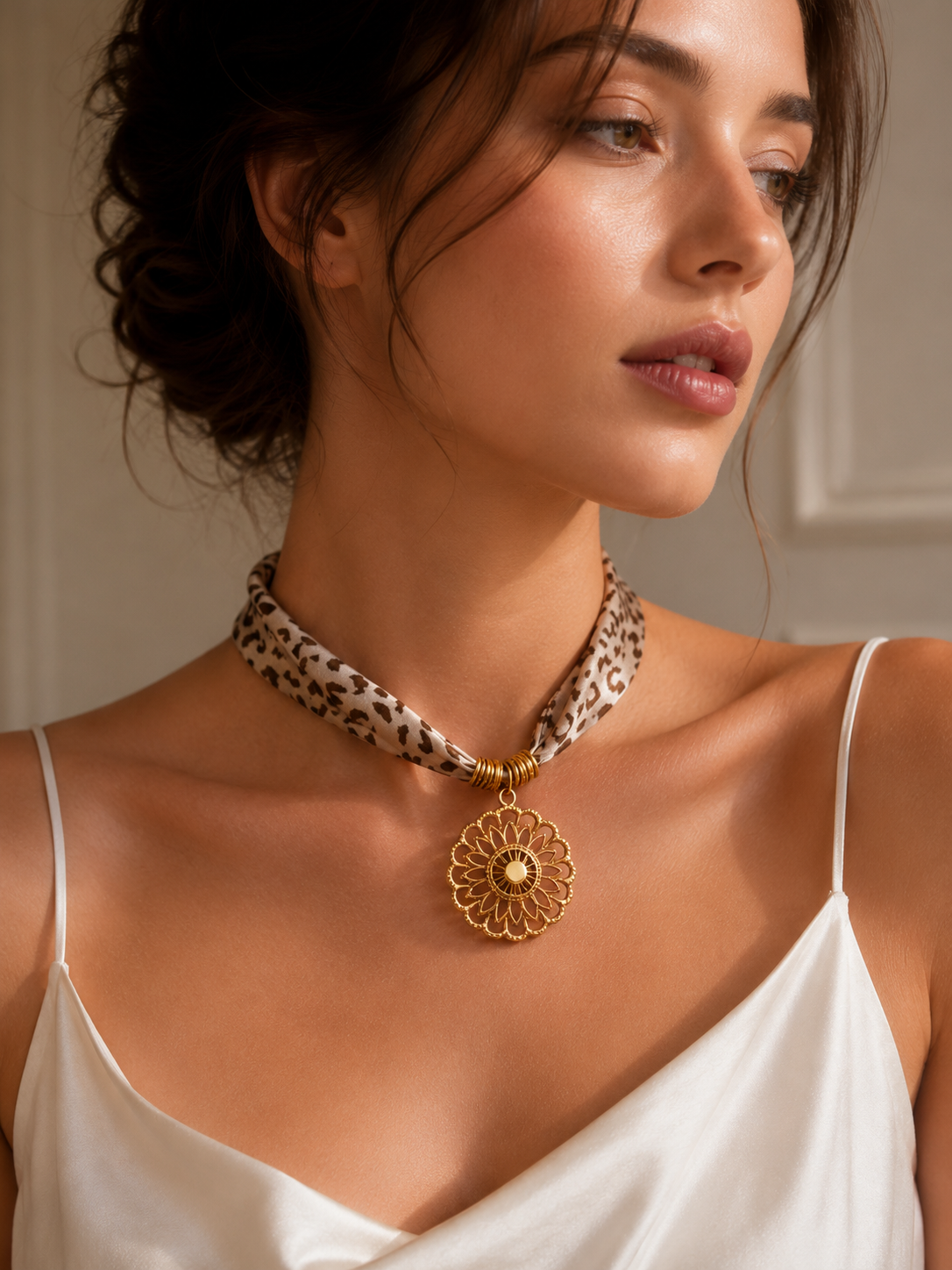 Golden Flower Pendant Silk Necklace