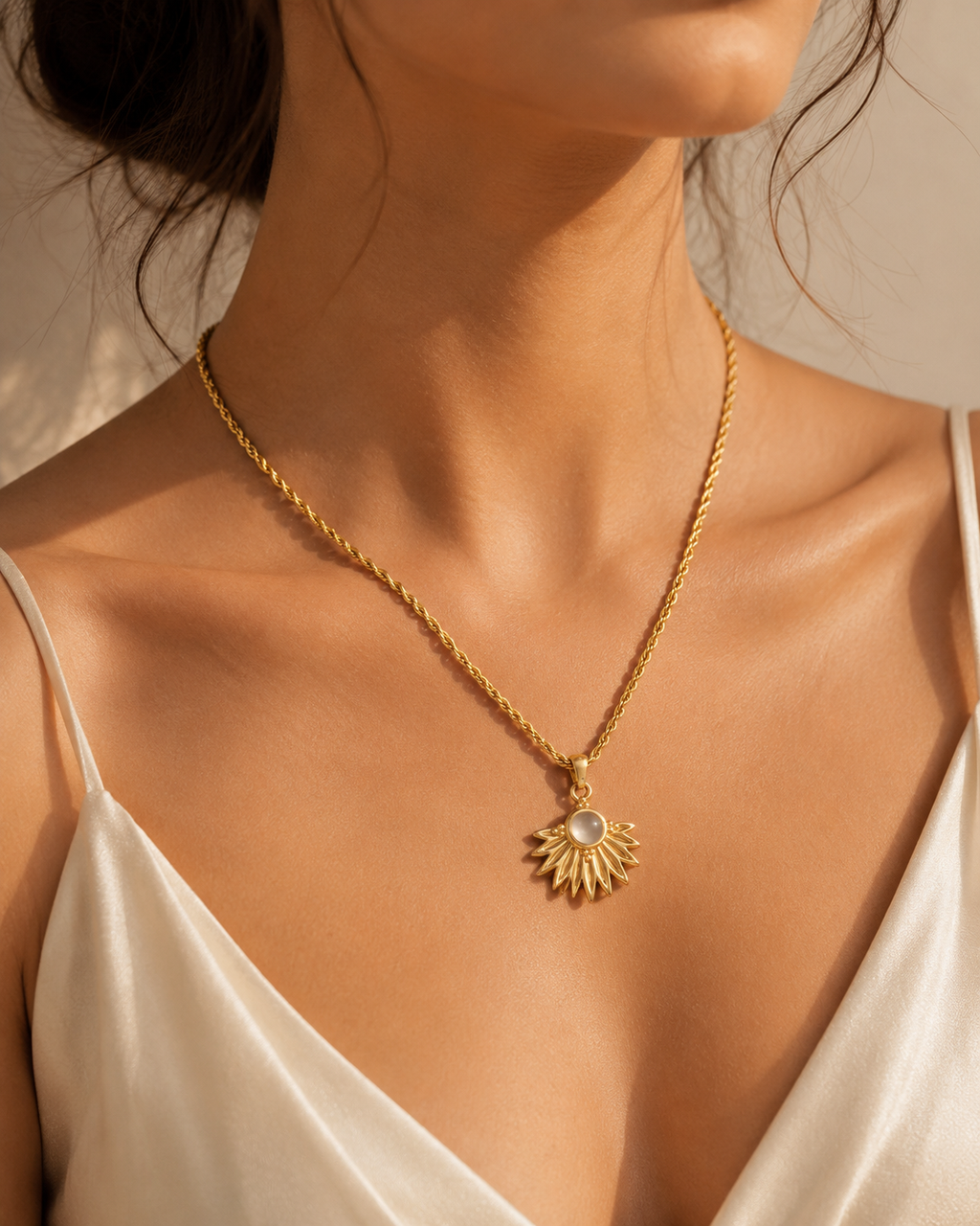 Half Sun Gold Plated White Stone Pendant Necklace | Waterproof Necklace | Aurelia Co.