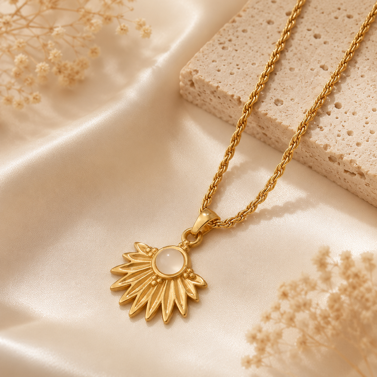 Half Sun Gold Plated White Stone Pendant Necklace | Waterproof Necklace | Aurelia Co.