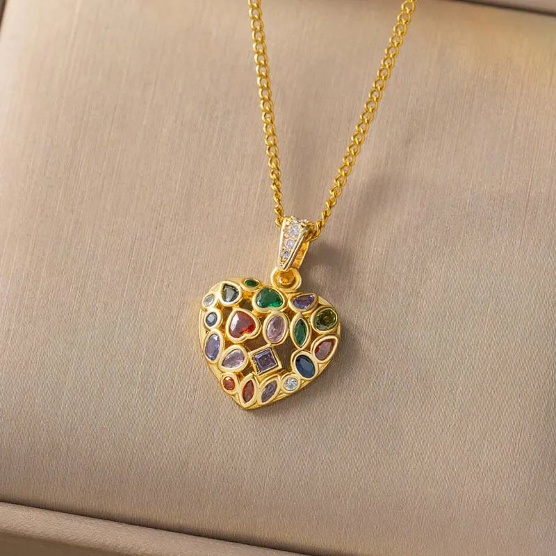 Heart Shaped Diamond Inlay Pendant Necklace