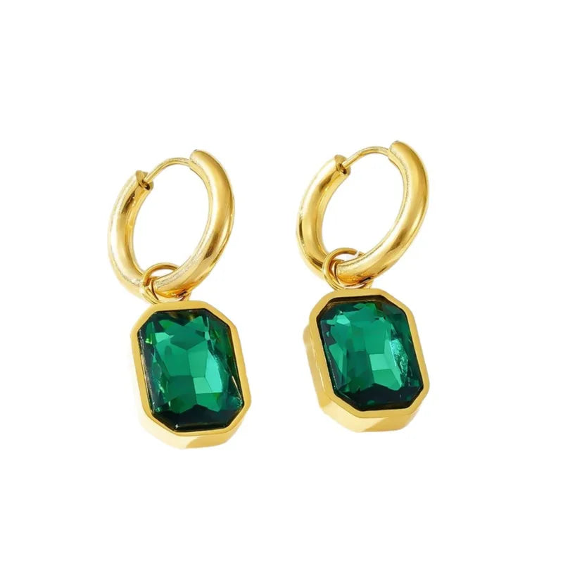 Green Square Rhinestone Inlay Earrings – Elegant Gold-Tone Statement Studs