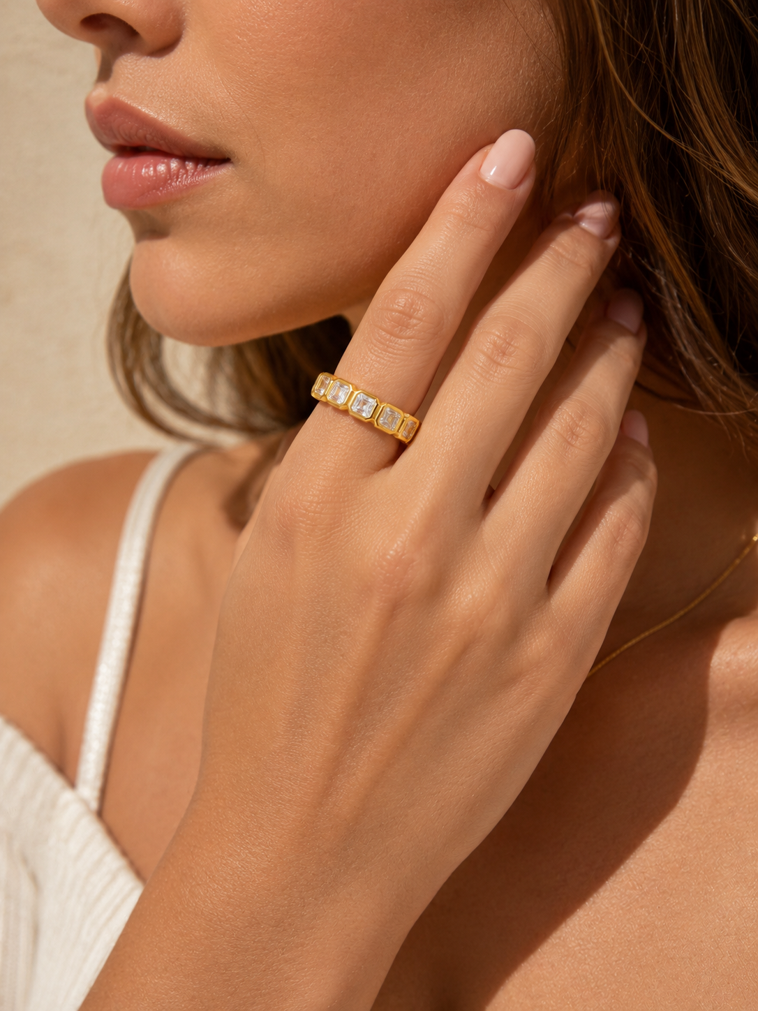 Gold Plated Crystal Adjustable Ring  Waterproof Tarnish-Free Ring