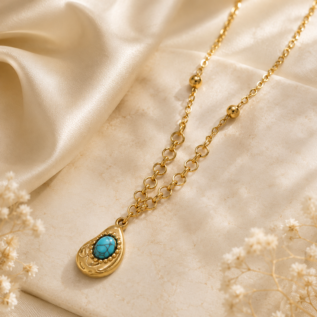Moon And Natural Blue Stone Inlay Pendant  | Waterproof Necklace | Aurelia Co.