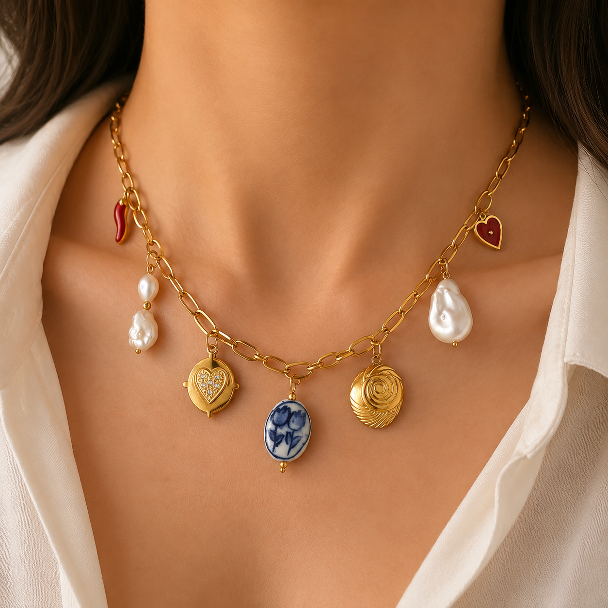 Vintage Charm Link Necklace | 18K Gold Multi Charm Statement Necklace | Aurelia Co.