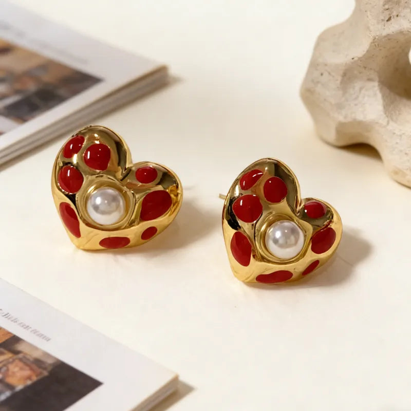 Aurelia Co. Noir Pearl Red Heart Stud Earrings – 18K Gold Plated