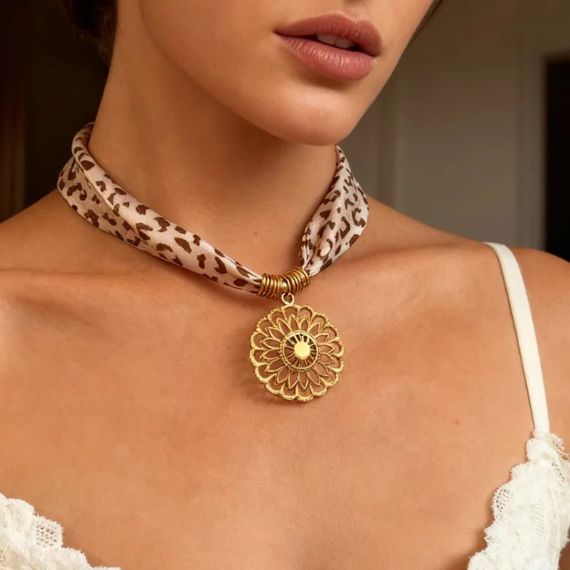 Golden Flower Pendant Silk Necklace