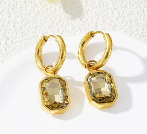 Waterproof Champagne Square Rhinestone Earrings | Tarnish-Free Gold Jewellery