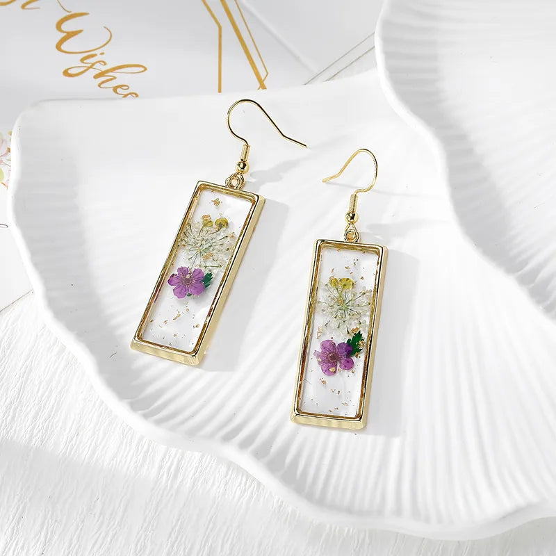 Purple Flower Rectangle Epoxy Earrings | Waterproof Gold-Plated Floral Earrings