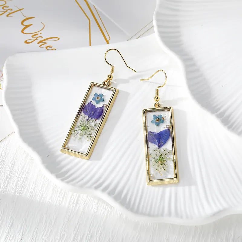 Rectangle Epoxy Blue Flower Earrings  | Waterproof Gold-Plated Floral Earrings