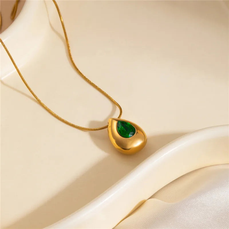 Water Droplet Green Stone Pendant Necklace | Waterproof