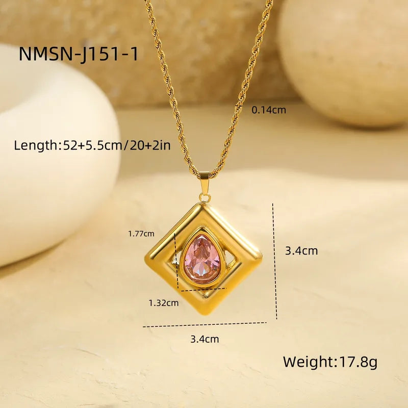 Geometric Pink Crystal Gold Pendant Necklace