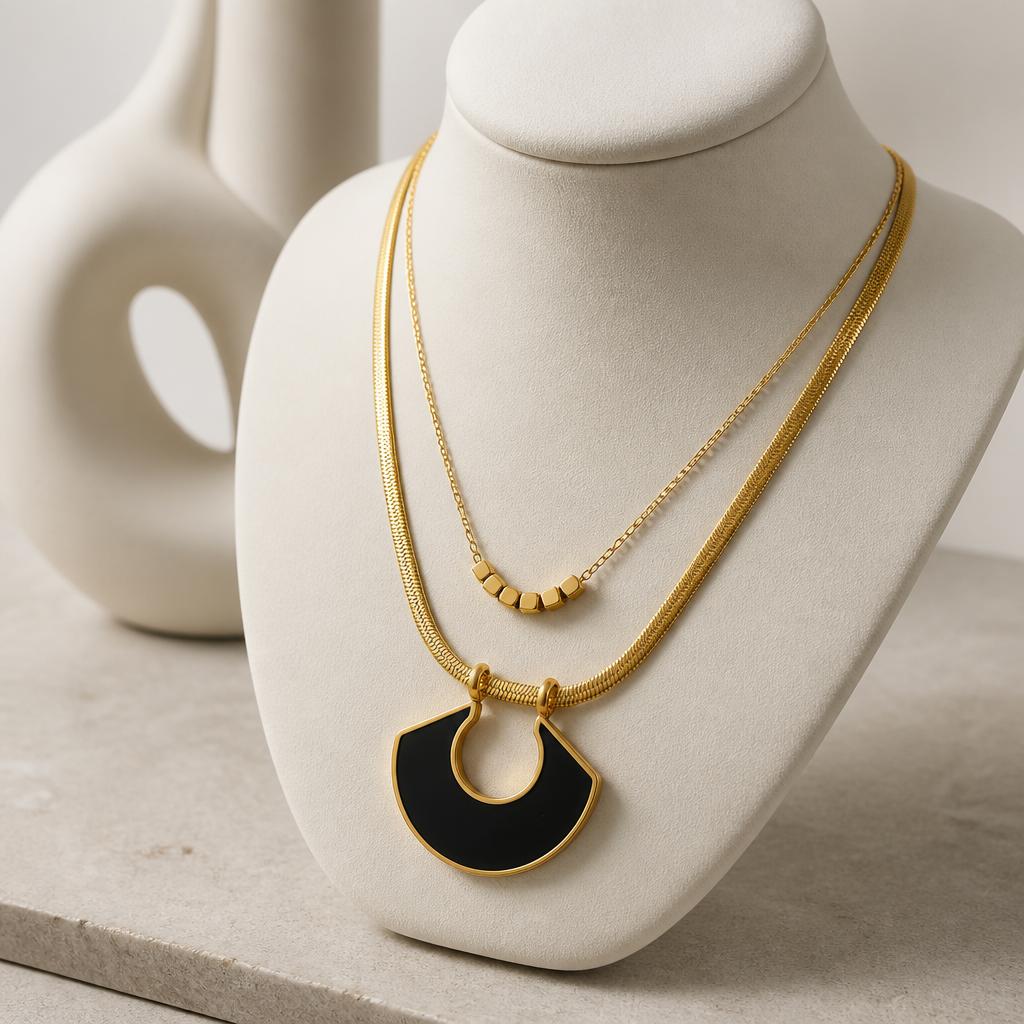Noir Eclipse Layered Necklace | Waterproof Gold & Black Pendant Necklace | Aurelia Co Australia