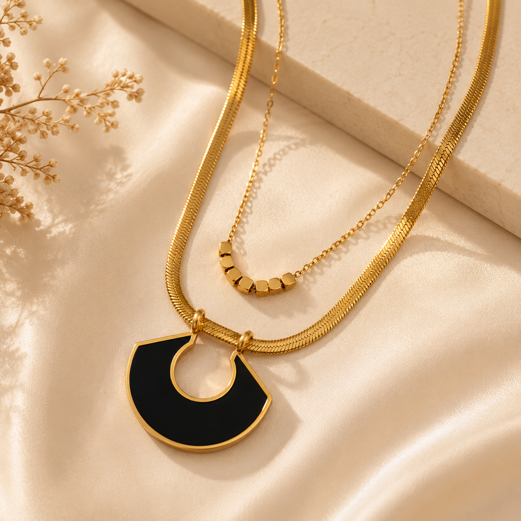 Noir Eclipse Layered Necklace | Waterproof Gold & Black Pendant Necklace | Aurelia Co Australia