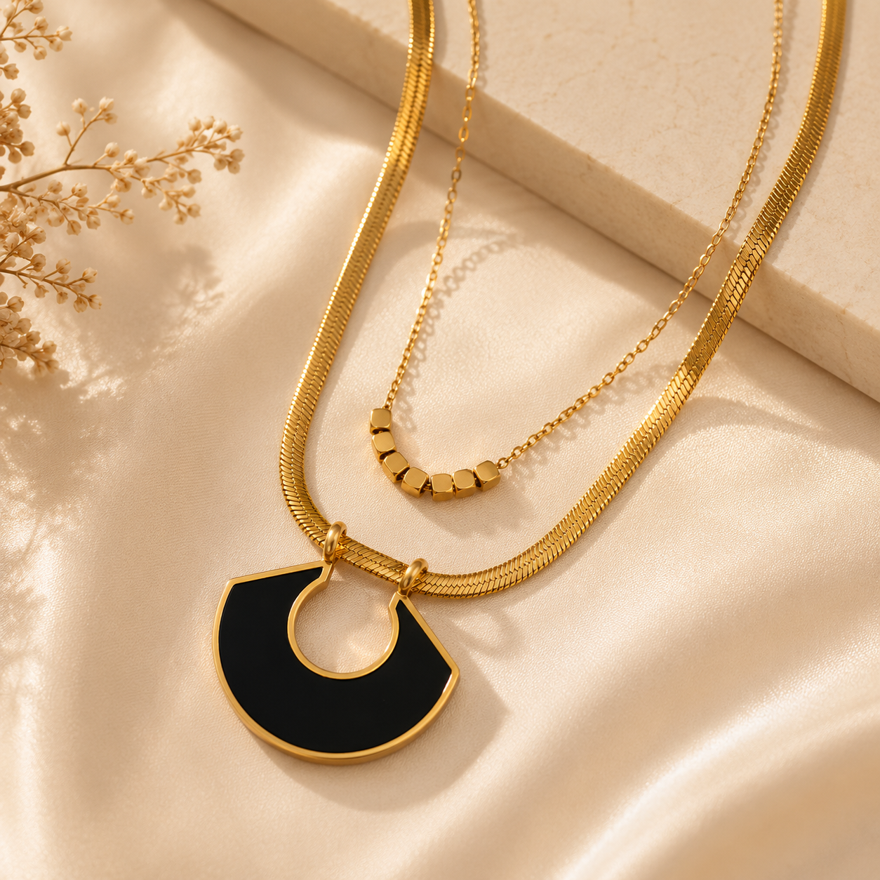 Noir Eclipse Layered Necklace | Waterproof Gold & Black Pendant Necklace | Aurelia Co Australia