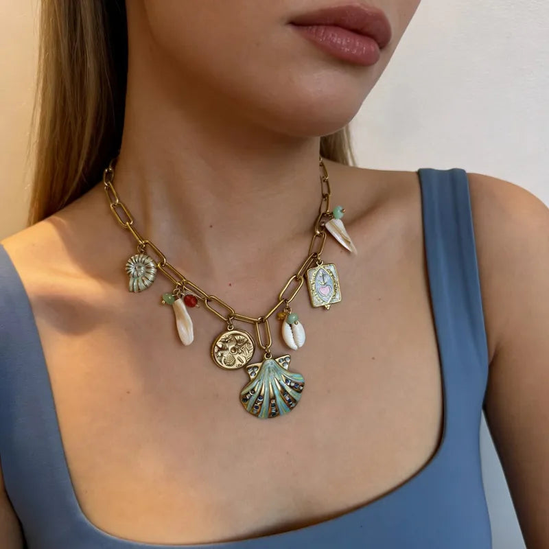 Ocean Multi-Charm Necklace – Gold Plated Seashell Statement Necklace