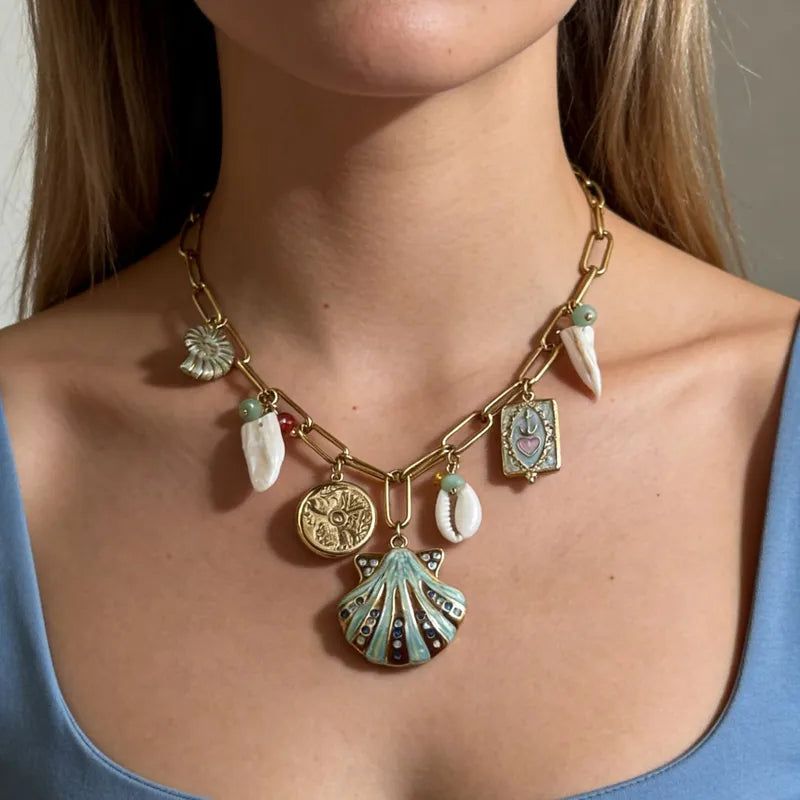Ocean Multi-Charm Necklace – Gold Plated Seashell Statement Necklace