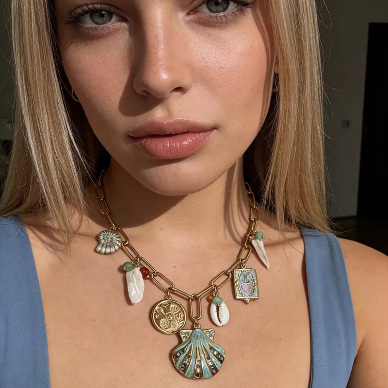 Ocean Multi-Charm Necklace – Gold Plated Seashell Statement Necklace
