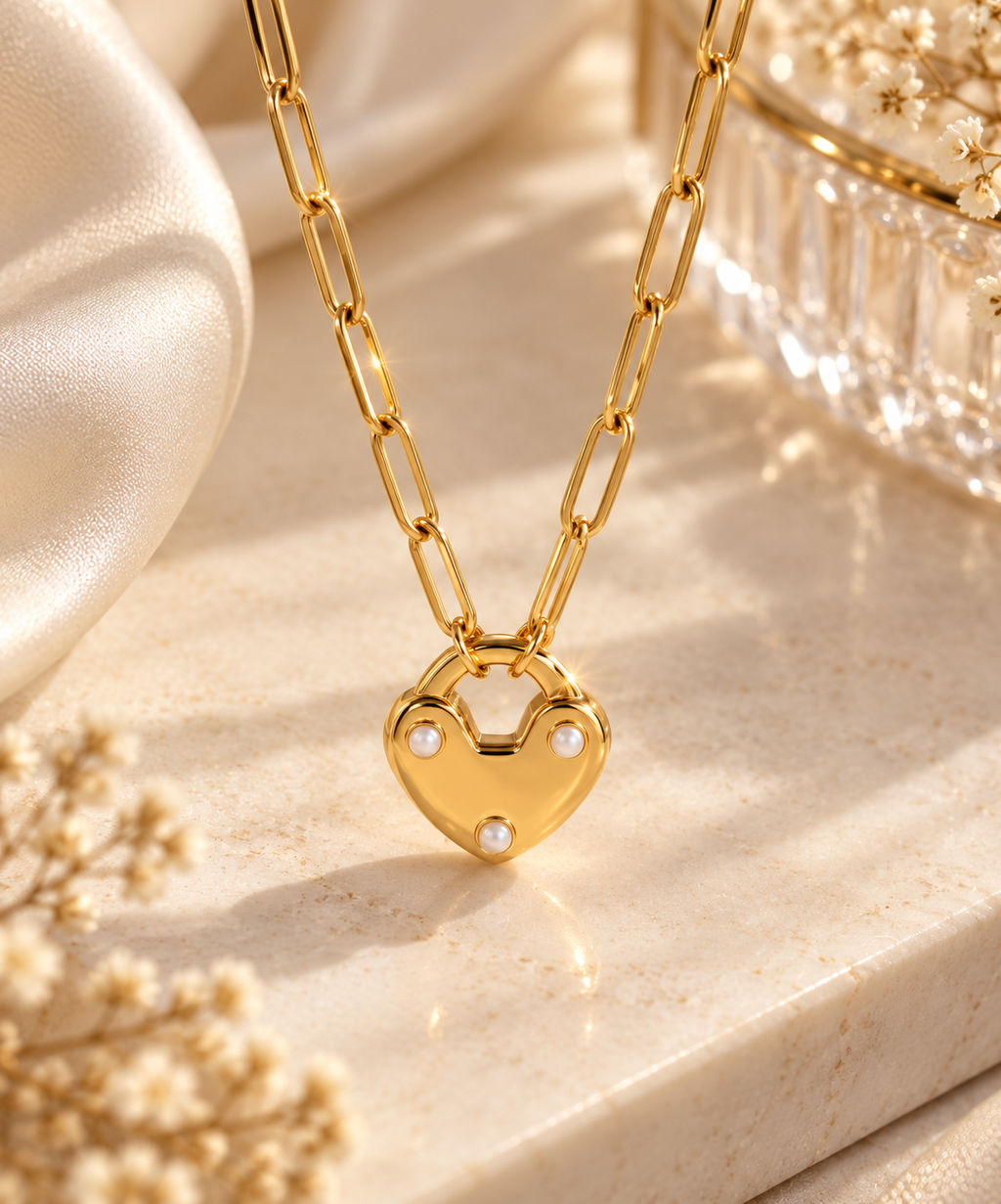 Pearl Heart Lock Necklace | Waterproof Gold Jewellery Australia