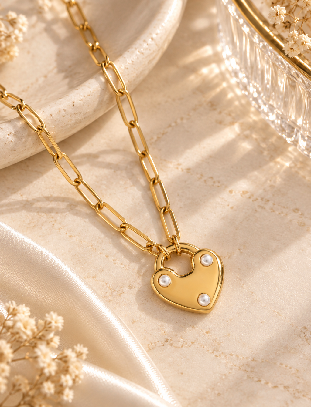 Pearl Heart Lock Necklace | Waterproof Gold Jewellery Australia