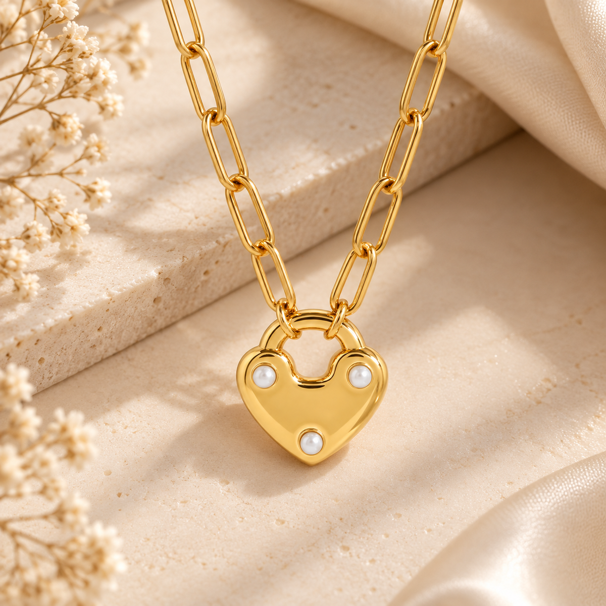 Pearl Heart Lock Necklace | Waterproof Gold Jewellery Australia