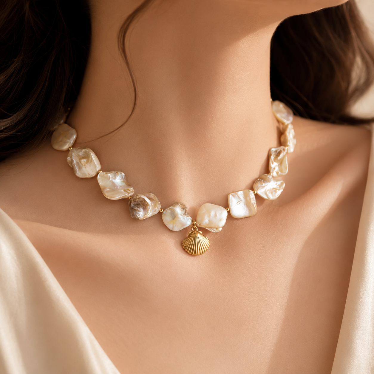 Aurelia Coastal Pearl Shell Choker Necklace – 18K Gold Statement Necklace